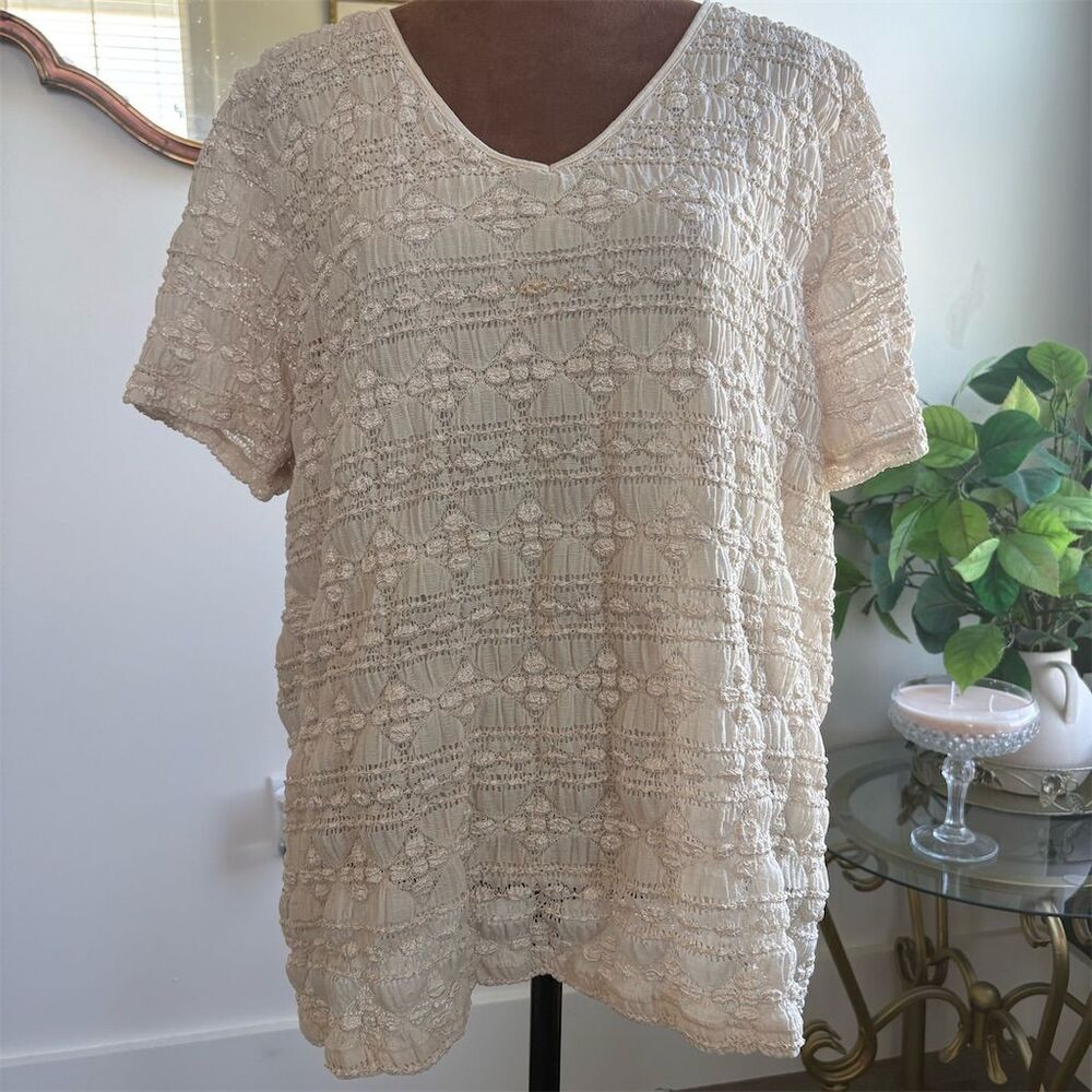 Worthington Women's 2XL Beige Lace Textured V-Neck Blouse Short‎ Sleeve